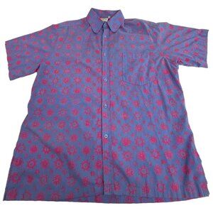 Three Islands Men's Polo Shirt M Blue Pink All Over Print Floral Flowers Summer
